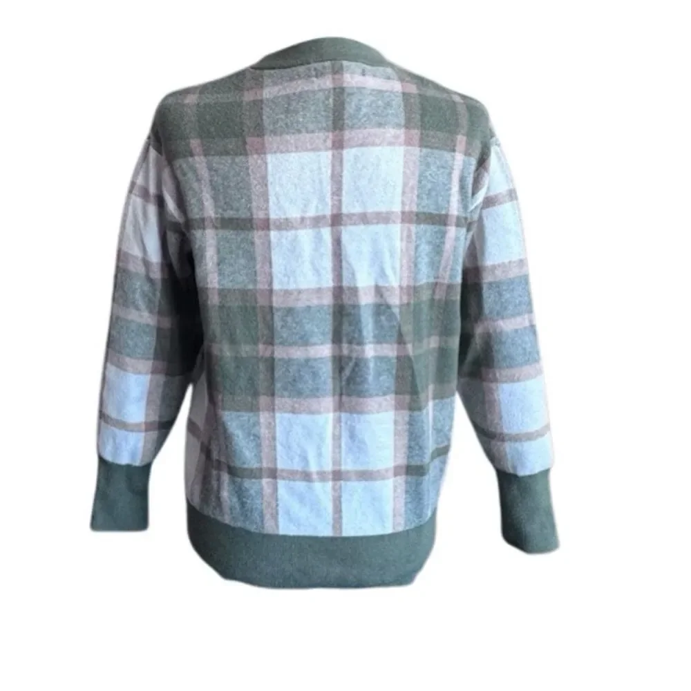 Rachel Zoe Plaid Sweater Brown Green White Cardigan Preppy Classic SZ XS
